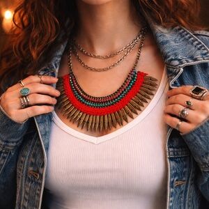 Y2K Festival Feather Statement Choker Red Turquoise Boho Necklace